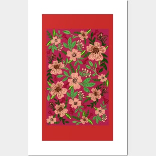 Majenta and peach colored flower pattern Posters and Art